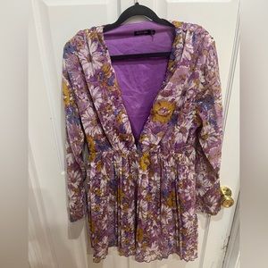 NASTY GAL Dress - Size 8 - Sunflower/Lilac Floral Print, Plunging Neck